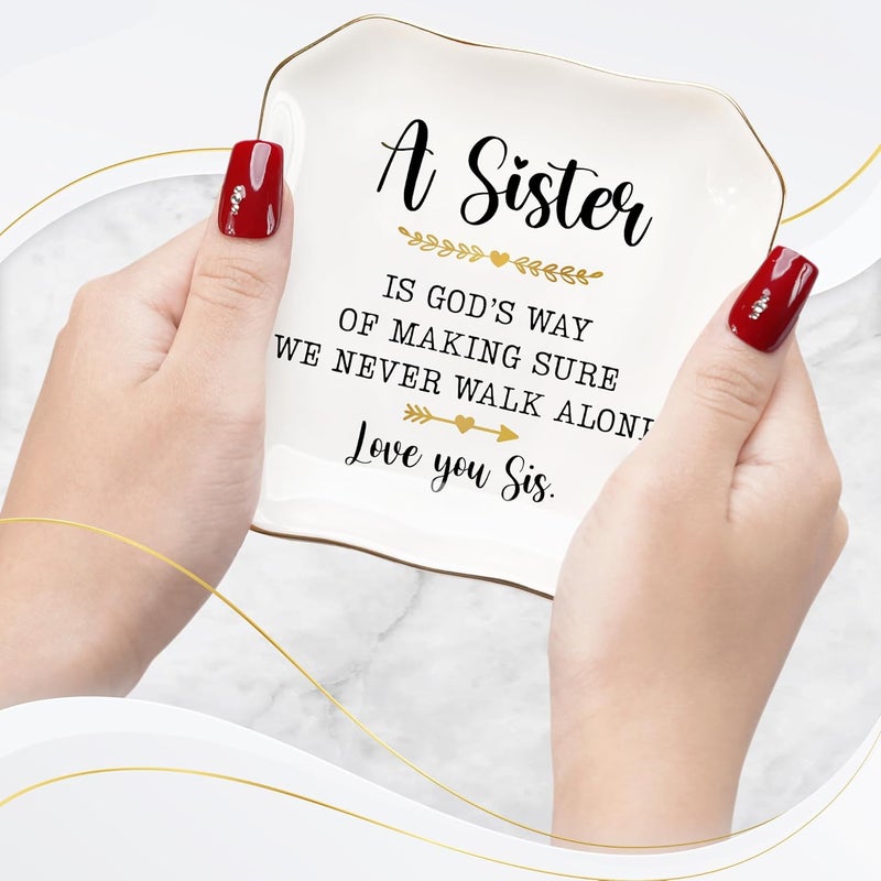 HEXMOZ Sister Birthday Gifts - Sister Valentines Day Gift Ideas for Women, Older Sisters Adult, Big Sis, Little Sis, Sister-in-Law - We Never Walk Alone 4.5"X4.5" Ceramic Jewelry Dish Tray Keepsake - Image 2